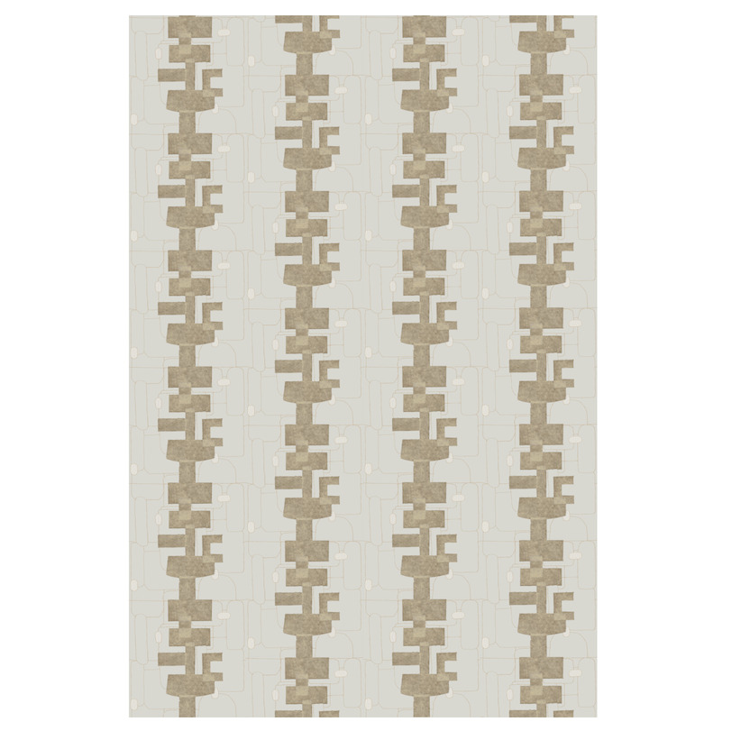 Behangpatroon uit de Elitis Cuzco TP 332 collectie met verticale abstracte lijnen in beige en zandtinten op een lichtgrijze achtergrond.