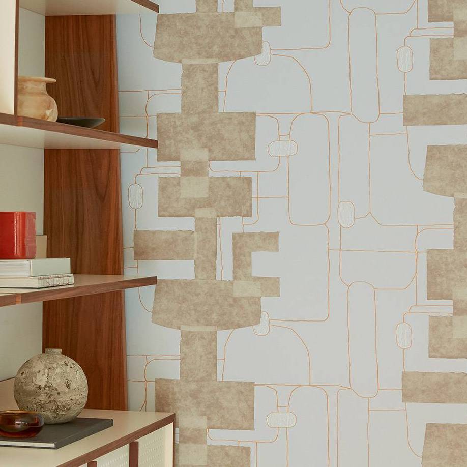 Modern interieur met Elitis Cuzco TP 332 behang uit de Voile de papier collectie in geometrisch patroon.