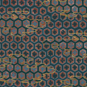 Patroon van Elitis-behang 'De lac en lac TP 285 01' met geometrische zeshoeken, bloemmotieven en goudkleurige accenten.