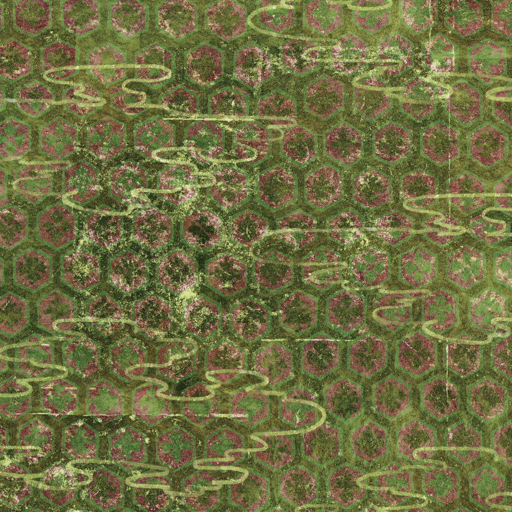 Groen Elitis-behang De Lac en Lac TP 285 02 met een patroon van zeshoekige vormen en florale motieven.