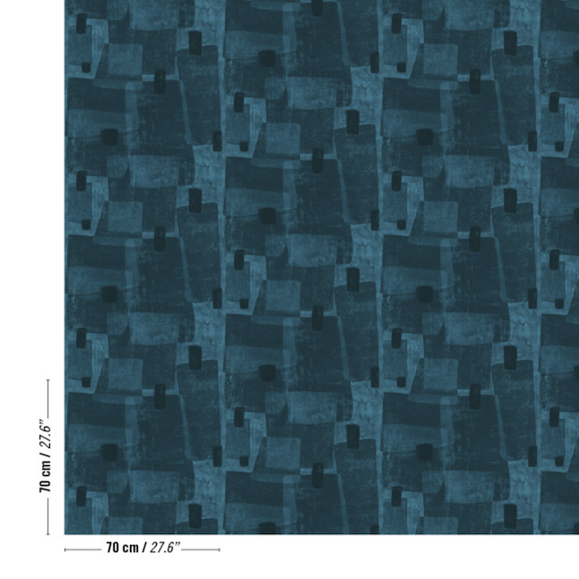 Abstract blauwgroen patroon op Elitis-behang Espiritu met geometrische vormen.