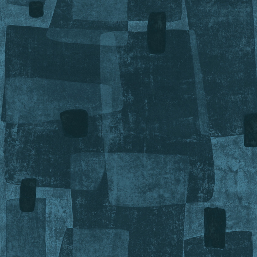 Abstract blauw patroon uit de Elitis-behangcollectie Espiritu, Voile de Papier, met gelaagde rechthoekige vormen.