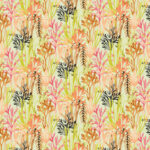 Herhalend patroon van kleurrijk Elitis-behang Flower Power Algues TP 303 01 met abstracte vormen van koraal en zeeplanten in pastel- en natuurtinten.
