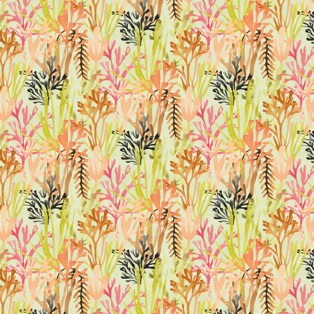 Herhalend patroon van kleurrijk Elitis-behang Flower Power Algues TP 303 01 met abstracte vormen van koraal en zeeplanten in pastel- en natuurtinten.
