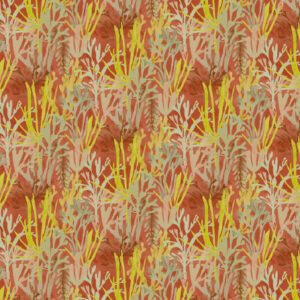 Elitis-behang Flower Power Algues TP 303 02 met een kleurrijk patroon van abstracte planten in geel, groen en roodtinten.
