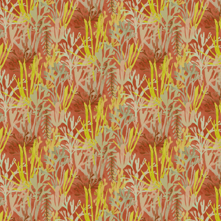 Elitis-behang Flower Power Algues TP 303 02 met een kleurrijk patroon van abstracte planten in geel, groen en roodtinten.