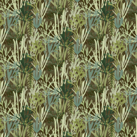 Behang met een dicht patroon van groene en blauwe algen en planten op een donkere achtergrond uit de Elitis Flower Power Algues TP 303 03 collectie.