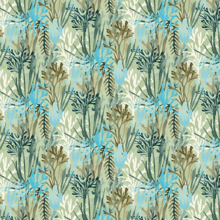 Behangpatroon Elitis Flower Power Algues TP 303 04 met abstracte zeewiermotieven in groene, blauwe en bruine tinten.