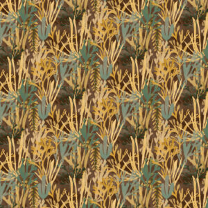 Behangpatroon Elitis Flower Power Algues TP 303 05 met abstracte plantenmotieven in aardetinten en groentinten.