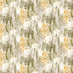 Behang met een patroon van gestileerde witte bloemen en gele en groene algen op een neutrale achtergrond.