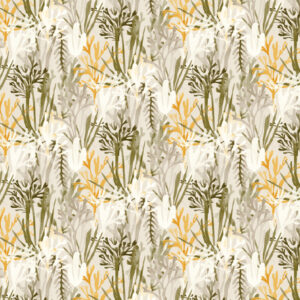 Behang met een patroon van gestileerde witte bloemen en gele en groene algen op een neutrale achtergrond.
