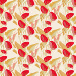 Patroon van Elitis-behang Flower Power Arum TP 304 02 met gestileerde bloemen in rood, roze, beige en geel op een lichte achtergrond.