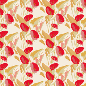 Patroon van Elitis-behang Flower Power Arum TP 304 02 met gestileerde bloemen in rood, roze, beige en geel op een lichte achtergrond.