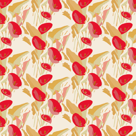 Patroon van Elitis-behang Flower Power Arum TP 304 02 met gestileerde bloemen in rood, roze, beige en geel op een lichte achtergrond.
