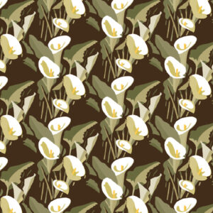 Bloemrijk Elitis-behang Flower Power Arum TP 304 03 met witte aronskelken en groene bladeren op een donkerbruine achtergrond.