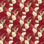 Behangpatroon Elitis Flower Power Arum TP 304 04 met gestileerde witte aronskelken en groene bladeren op een dieprode achtergrond.