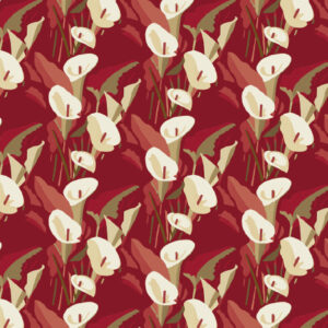 Behangpatroon Elitis Flower Power Arum TP 304 04 met gestileerde witte aronskelken en groene bladeren op een dieprode achtergrond.