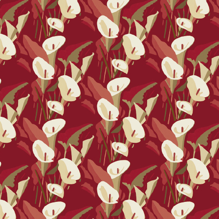 Behangpatroon Elitis Flower Power Arum TP 304 04 met gestileerde witte aronskelken en groene bladeren op een dieprode achtergrond.