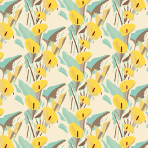 Illustratief Elitis-behang met een herhalend patroon van gele aronskelken, groene bladeren en beige achtergrond uit de Flower Power Arum TP 304 05 collectie.