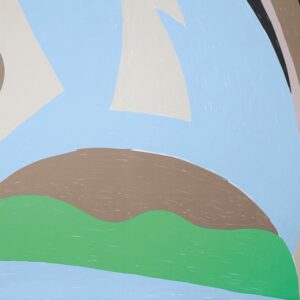 Abstracte illustratie van Elitis-behang Flower Power Cyclades TP308-01 met gestileerde vormen in blauw, groen, bruin en beige.