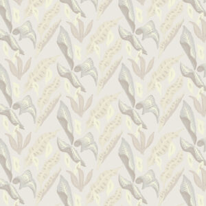 Behangpatroon Elitis Flower Power Fleur de Lune TP 305 01 met gestileerde florale motieven in zachte beige- en grijstinten.