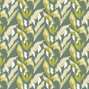 Decoratief Elitis-behang 'Flower Power Fleur de lune' met een patroon van gestileerde bladeren en bloemen in groentinten op een donkergroene achtergrond.