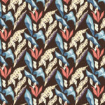 Decoratief Elitis-behang met een Flower Power-patroon in blauw, rood, crème en bruin uit de Fleur de lune-collectie.