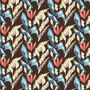 Decoratief Elitis-behang met een Flower Power-patroon in blauw, rood, crème en bruin uit de Fleur de lune-collectie.