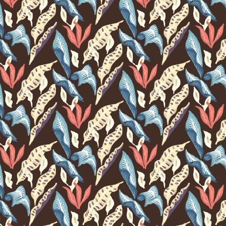 Decoratief Elitis-behang met een Flower Power-patroon in blauw, rood, crème en bruin uit de Fleur de lune-collectie.