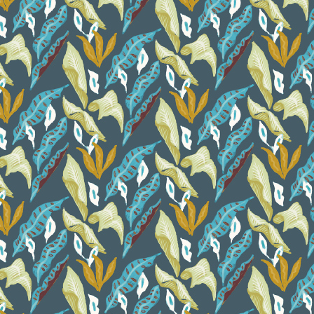 Elitis behang uit de Flower Power collectie met een fleur-de-lune patroon van abstracte bladeren in blauw, groen en okergeel op een donkere achtergrond.