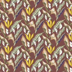 Elitis-behang Flower Power Fleur de lune TP 305 05 met een kleurrijk patroon van abstracte bladeren en bloemen op een dieprode achtergrond.