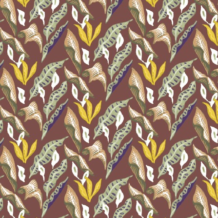 Elitis-behang Flower Power Fleur de lune TP 305 05 met een kleurrijk patroon van abstracte bladeren en bloemen op een dieprode achtergrond.