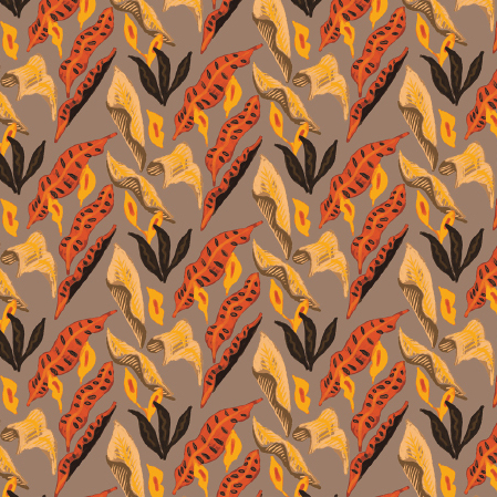 Decoratief Elitis-behang uit de Flower Power-serie met een patroon van abstracte bloemen en bladeren in oranje, geel, zwart en rood op een bruine achtergrond.