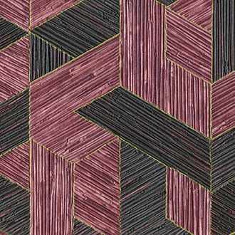 Geometrisch Elitis-behang uit de Formentera-collectie met een textuur van geweven stro in paars- en zwarttinten.