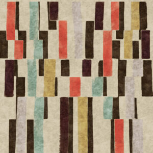 Abstract Elitis-behang Indomptee Tribeca VP 617 01 met verticale rechthoekige vormen in aardetinten, rood, geel en turquoise op een beige achtergrond.