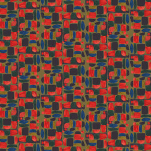 Abstract Elitis-behang Initiation Chaman TP 315 01 met kleurrijk patroon van rode, blauwe, groene en zwarte vormen op een bruine achtergrond.