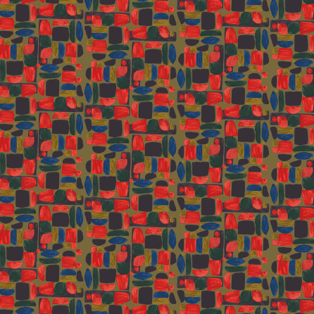 Abstract Elitis-behang Initiation Chaman TP 315 01 met kleurrijk patroon van rode, blauwe, groene en zwarte vormen op een bruine achtergrond.