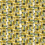 Abstract patroon van Elitis-behang Initiation Chaman TP 315 02 met geometrische vormen in geel, groen, bruin en olijf op een lichte achtergrond.