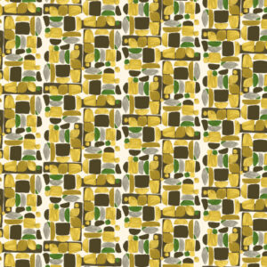 Abstract patroon van Elitis-behang Initiation Chaman TP 315 02 met geometrische vormen in geel, groen, bruin en olijf op een lichte achtergrond.