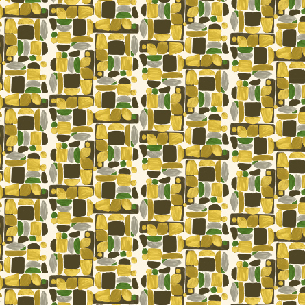 Abstract patroon van Elitis-behang Initiation Chaman TP 315 02 met geometrische vormen in geel, groen, bruin en olijf op een lichte achtergrond.