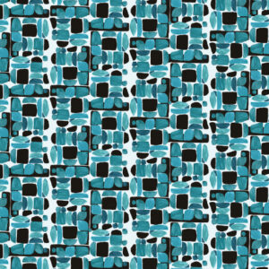Geometrisch patroon van Elitis-behang Initiation Chaman TP 315 04 met turquoise, zwarte en witte blokken en vormen.