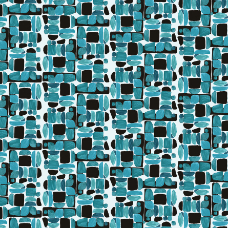 Geometrisch patroon van Elitis-behang Initiation Chaman TP 315 04 met turquoise, zwarte en witte blokken en vormen.