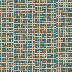 Abstract Elitis-behang uit de Initiation New Age collectie met een rasterpatroon in blauw-, groen- en bruintinten.
