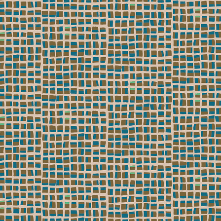 Abstract Elitis-behang uit de Initiation New Age collectie met een rasterpatroon in blauw-, groen- en bruintinten.