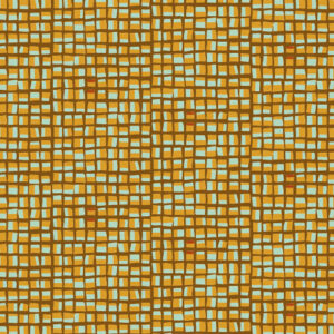 Abstract Elitis-behang Initiation New Age TP 312 02 met een rasterpatroon van okergele lijnen en lichtblauwe vlakken.