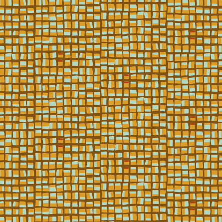 Abstract Elitis-behang Initiation New Age TP 312 02 met een rasterpatroon van okergele lijnen en lichtblauwe vlakken.