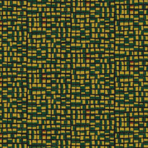 Geometric patroon van het Elitis-behang Initiation New Age TP 312 04 met onregelmatige rechthoeken in geel, groen en subtiele roodaccenten.