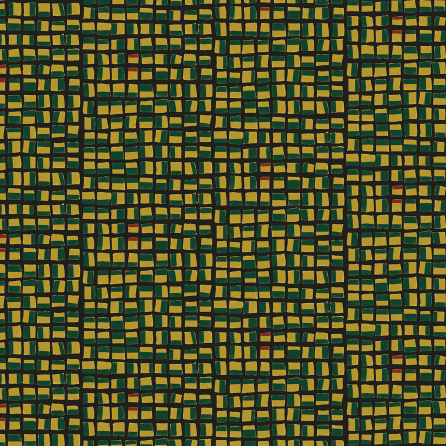 Geometric patroon van het Elitis-behang Initiation New Age TP 312 04 met onregelmatige rechthoeken in geel, groen en subtiele roodaccenten.