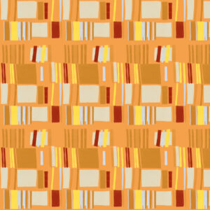 Abstract Elitis-behang uit de Initiation Renaissance collectie met een retro boekenplankpatroon in warme oranje-, geel- en roodtinten.
