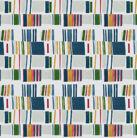Abstract Elitis-behang Initiation Renaissance TP 311 04 met kleurrijke, geometrische patronen in blauw, groen, rood en geel op een witte achtergrond.